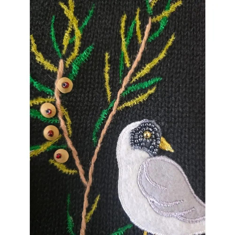 Vintage Designer's Original Cabincore Birds Beaded Knitted Cardigan Vest Women L